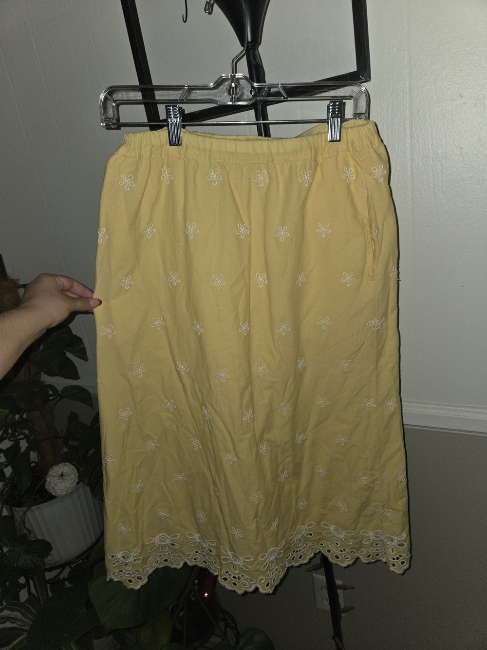 Old Navy Yellow Embroidered Midi Skirt with Scalloped Hem